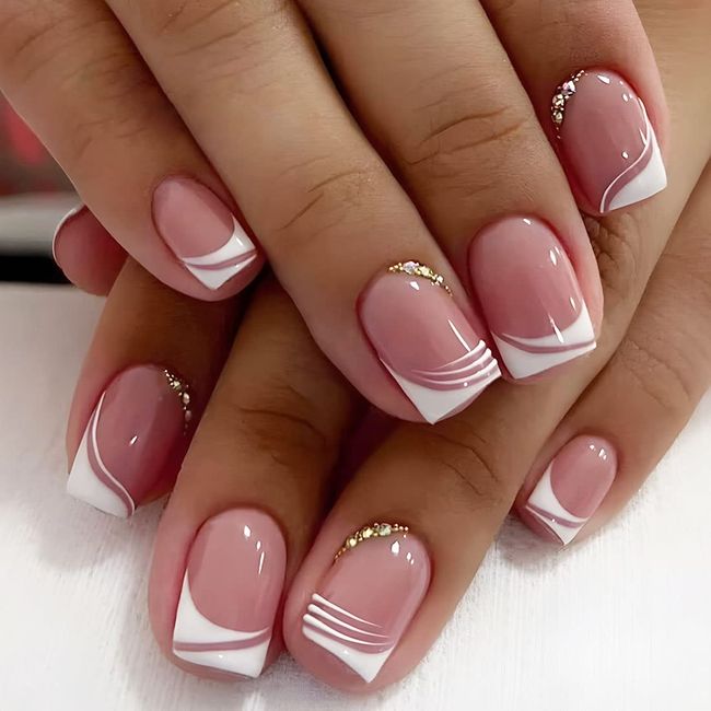 24 PCS Medium Length False Nails Simple Line Fake Nails Ripple False Nails Pink with White Fake Nails Rhinestone False Nails Full Cover False Nail Daily Decorative Art for Women and Girls