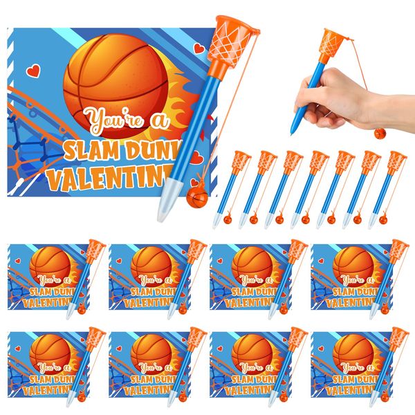 Skyygemm 30 Set Valentine's Day Basketball Hoop Pens with Gift Card for Kid Valentine's Day Classroom Exchange Gift School Sports Basketball Novelty Ballpoint for School Valentine's Sports Party Favor