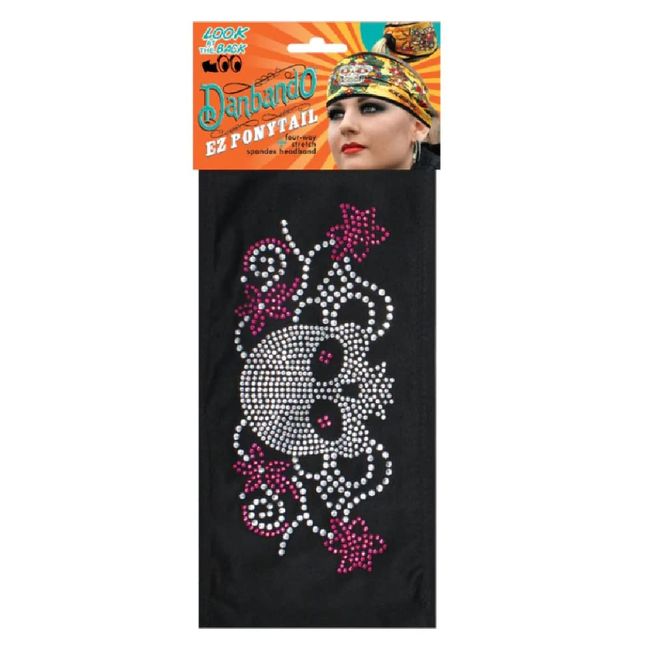 Danbando Headband Head Wrap Bandanna Skull and Flowers with Rhinestones 4 Way Stretch Optional Pony Tail Hole Sweatband