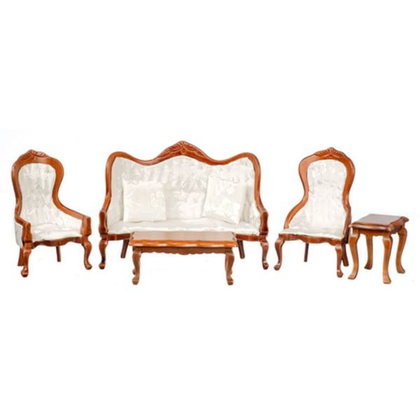 Dollhouse Miniature Victorian White Living Room Furniture Set Walnut Sofa