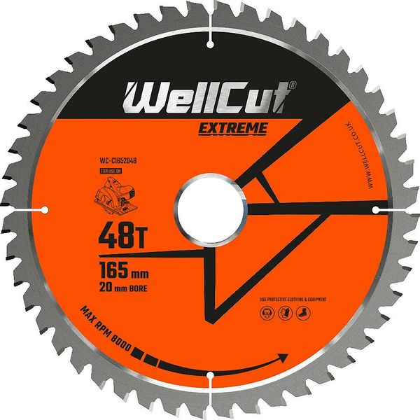 WELLCUT TCT Saw Blade, Circular Saw Blade 165mm x 48T x 20mm Bore for DSS610, DSS611, DCS391, HD18CS, Wood, Wood with Nails, Plastic, Laminate