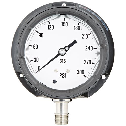 PIC Gauge AHG6-A60.H25 4.5" Dial, 0/300 psi Range, 1/2" Male NPT Connection Size, Bottom Mount Dry/Fillable Process Pressure Gauge with a Phenolic Safety Case, 316 Stainless Steel Internals, and Plastic Shatterproof Lens