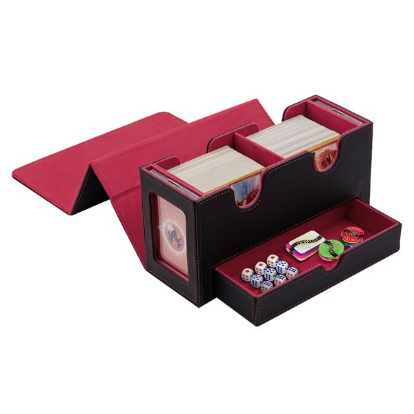 Tolesum Doppelschicht Card Deck Box für MTG，Gathering Kartenbox mit Schaufenster und Würfelfach PU Leder Starkes Magnetic Sammelkarten Box Kompatibel Magic Commander TCG Karten-Schwarz Rot