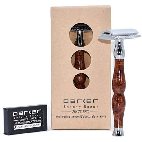 Parker Safety Razor, 45R Heavyweight Double Edge Safety Razor – 3 Piece Design with 4 Inch Handle - Solid Brass Frame for Durability –5 Parker Double Edge Razor Blades Included