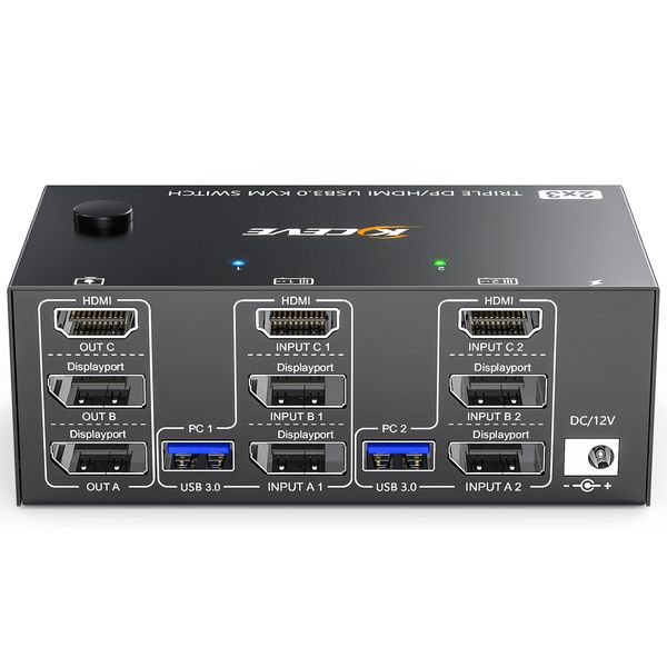 KVM Switch 2 PC 3 Monitore 8K@60Hz 4K@144Hz，MLEEDA HDMI+2 Displayport KVM Switch Triple Monitor für 2 PC Teilen 3 Monitors und 4 USB3.0-Geräte, mit 12V DC Netzteil,Verdrahtet Fernbedienung und 5 Kabel