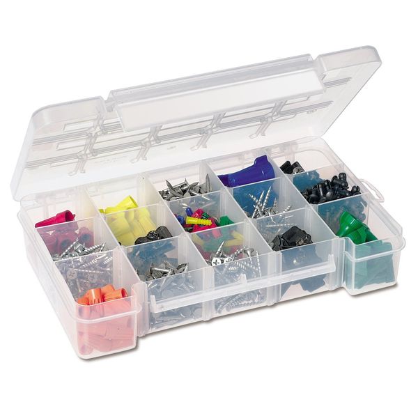 Akro-Mils 05805 Plastic Portable Parts Storage Case for Hardware and Crafts with Hinged Lid and 4 Adjustable Dividers, (11-Inch x 7-Inch x 2-3/8-Inch), Medium, Clear