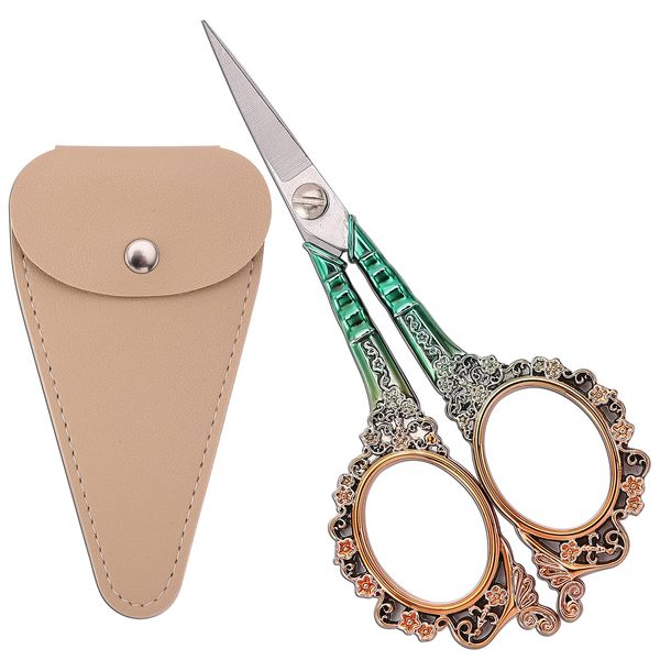 HITOPTY Sewing Scissors Embroidery Scissors with Sheath, Craft Scissor for Needlework Artwork Threading Cross Stitch Handicraft DIY Tool, 4.5in Sharp Shears (Green Gold)