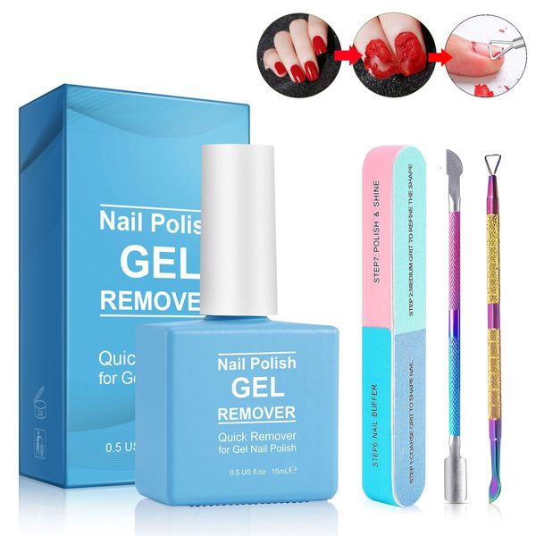 Nail Polish Remover with 7 Way Nail Buffer & Metal Silver Cuticle Pusher, Simple Easy Gel Nail Polish Remover Set for Home DIY and Salon (set #2)