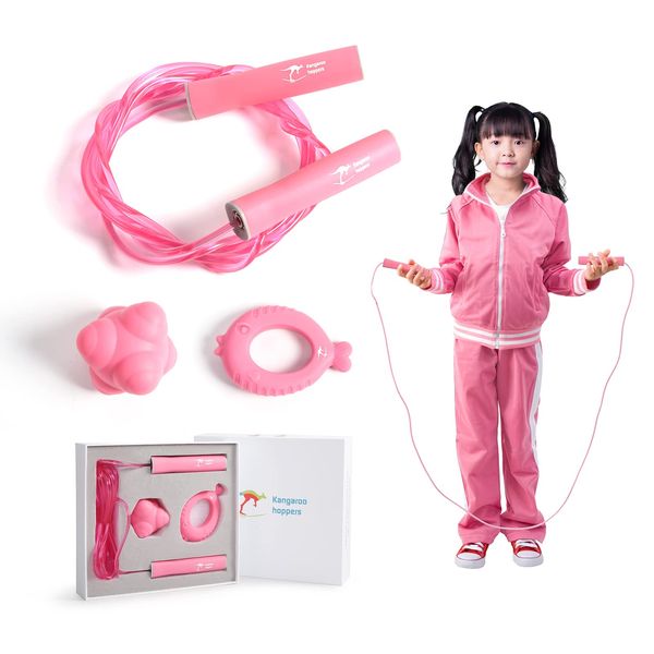 Kangaroo Hoppers Jump Rope Set for Kids and Juniors Jump Rope for School Adjustable Length Pink Set