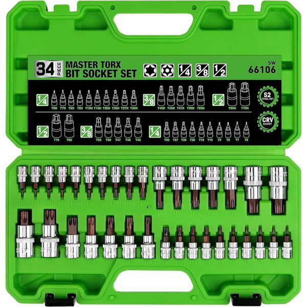 34PCS Master TORX Bit Socket Set,S2 Alloy Steel,Solid Star & Tamper Proof T6~T70