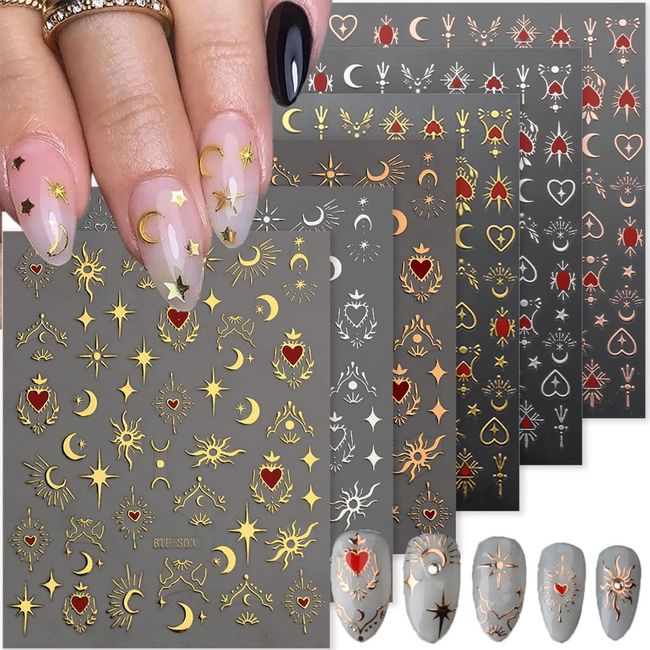 Maigitur Valentine's Day Star Moon Nail Stickers, Self-Adhesive Golden Heart Nail Art Decals for DIY Nail Decorations (6Sheets)