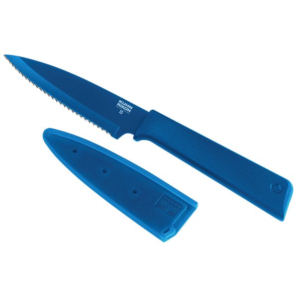 Kuhn Rikon 26623 Colori+ Non-Stick Serrated Paring Knife with Safety Sheath, 19 cm, Blue