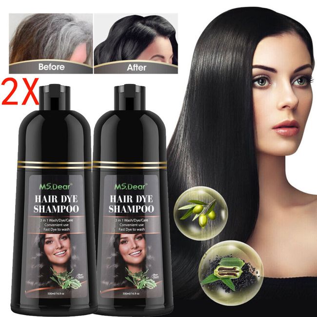 2X 500ML Black Hair Dye Hair Color Shampoo Natural Plant Essence White Grey