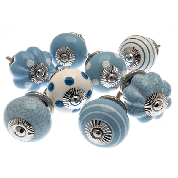 Mango Tree - Mixed Set of Blues Ceramic Cupboard Knobs x Pack 8 (MG-03)