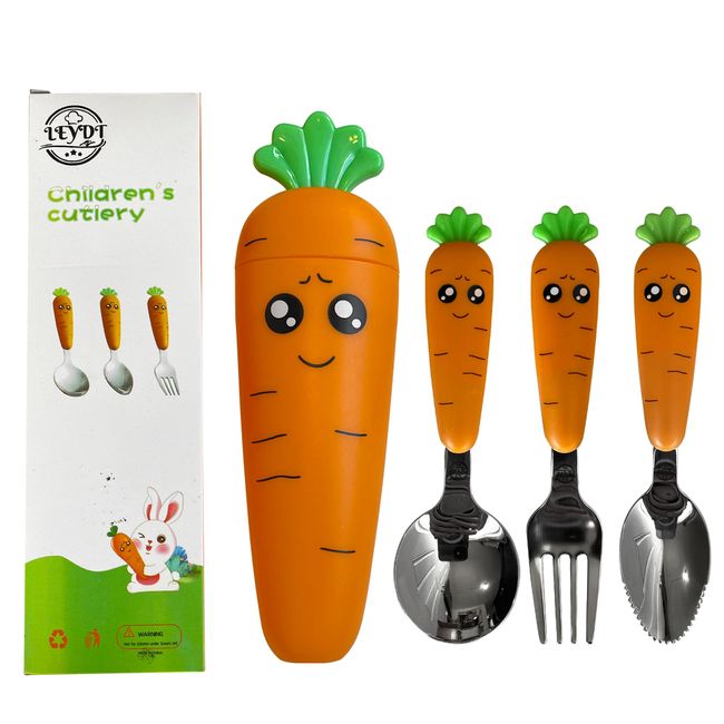 Baby Spoons with Fork | 3 Pcs Easy Grip Baby Cutlery Set with Case | Stainless Steel Toddler Utensils | Carrot Shaped Kids Silverware | Children's Safe Food Grade Material | Dishwasher Safe