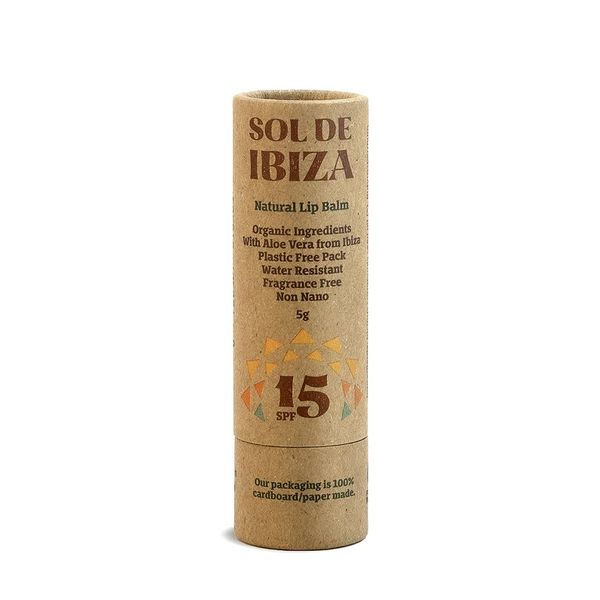 Sol de Ibiza Plastic Free Lip Balm - Natural Mineral Sunscreen SPF15 - Natural ingredients - Non Nano zinc oxide - Vegan - Adults & Kids - 5g