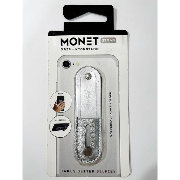 MONET Universal Phone Grip + Kickstand with Adjustable Strap (Silver Matte, Solid)