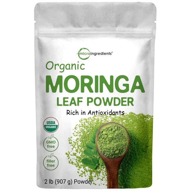 Moringa Powder Organic (Moringa Oleifera Leaf Powder), 2 Pounds, Rich in Antioxidants and Immune Vitamin, Great Superfoods for Moringa Tea, Moringa Drink, Moringa Powder for Hair, India Grown, Vegan