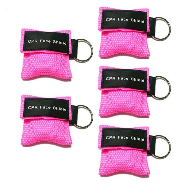 5Pcs CPR Mask, Rescue Face Shields with One-Way Valve Breathing Barrier and Keychain Ring for First Aid or AED Training (Pink)