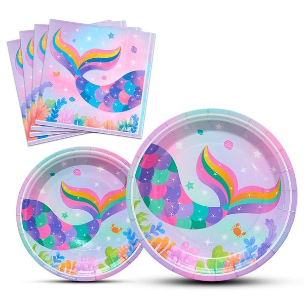 WERNNSAI Magical Rainbow Mermaid Party Supplies Set - Mermaid Plates and Napkins Disposable Paper Dinner Dessert Cake Plates Birthday Baby Shower Pool Summer Party Serves 16 Guests 48PCS