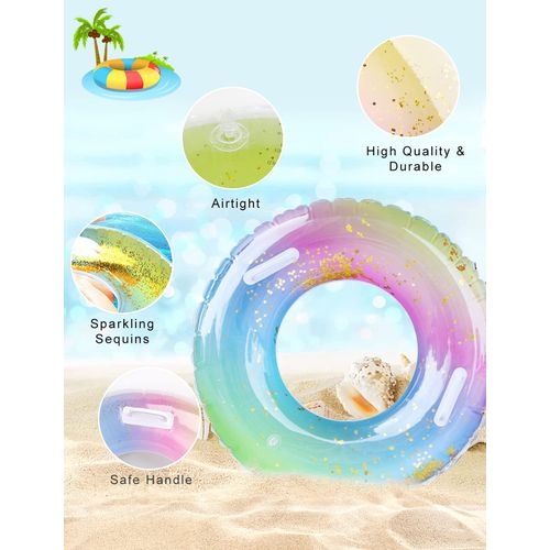 Pukitt Swimming Ring Adults, Rainbow Sequins Swim Ring With Safy Handle, Transparent Floating Ring, Durable Inflatable Pool Floats, Swimming Ring Tube For Summer Pool Party And Water Sports