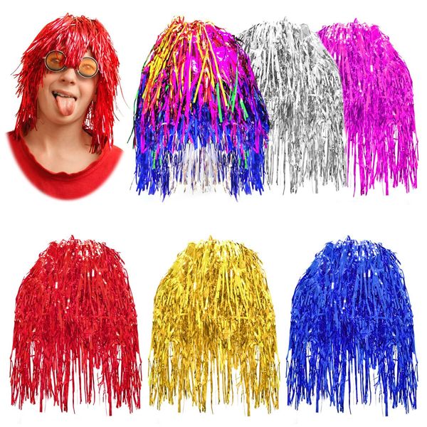 INHEMING 6 Pcs Fancy Dress Shiny Party Wig, Colorful Foil Tinsel Wigs,Metallic Costume Cosplay Prop Wigs for Cosplay, Parties, Carnival, Halloween, Christmas