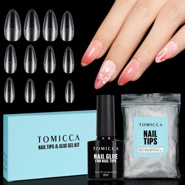 TOMICCA Nail Tips Nail Glue Suit Gel Nail Tips Short False Nails with Nail Tip Adhesive 4-IN-1 Self Gel Nails, UV/LED Lamp Required - 120 Sheets (Almond M)