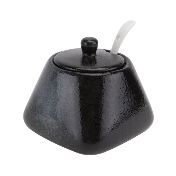 DOITOOL Sugar Bowl with Lid and Spoon Ceramic Sugar Jar Porcelain Condiment Pot Seasoning Box Sugar Container for Home Kitchen Coffee Bar Black