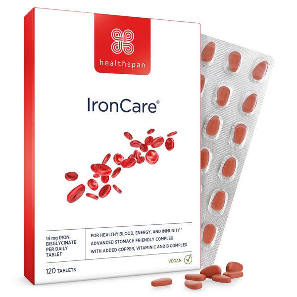 Healthspan IronCare | Addition of Vitamin C & B2, B6 & B12 | Stomach Friendly | Fights Fatigue and Exhaustion | Supports Red Blood Cell Formation | Vegan | 120 Tablets