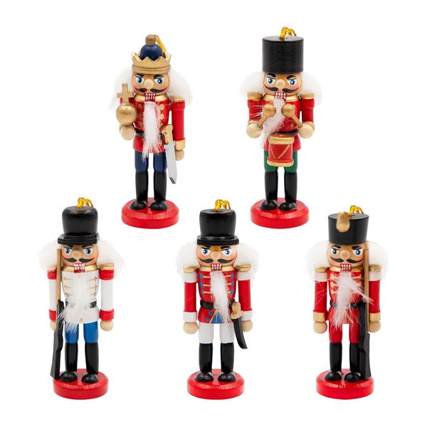 The Christmas Workshop 5PK Wooden Nutcrackers/Hanging Christmas Tree Decorations/Festive Ornaments (Red and White)