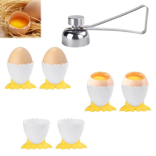 wynott Egg Cups Set, 6pcs Cartoon Egg Holders Funny Easter Eggcups Soft Boiled Egg Holder Childrens Novelty Egg Cups Stand with Eggshell Cutter Stainless Steel Egg Opener for Boiled Eggs Breakfast