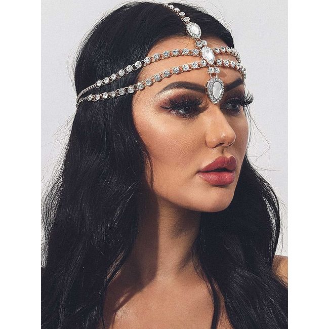 Aukmla Rhinsetones Head Chain Crystal Head Jewelry Festival Halloween Prom Costume Headpiece Fashion Hair Accessories for Women and Girls (Silver)