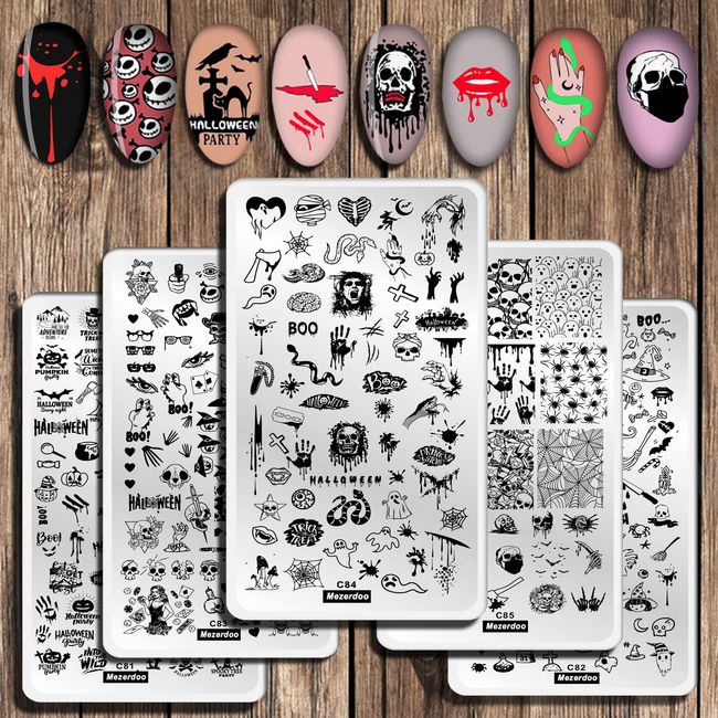 5pcs Halloween Nails Nail Art Stamping Plates Set, Spider Ghost Pumpkin Bat Design Festiva Nail Stamping Kit,12 * 6cm Nail Art Image Plates Stainless Steel Manicure Print Tool for Stamping Gel Polish