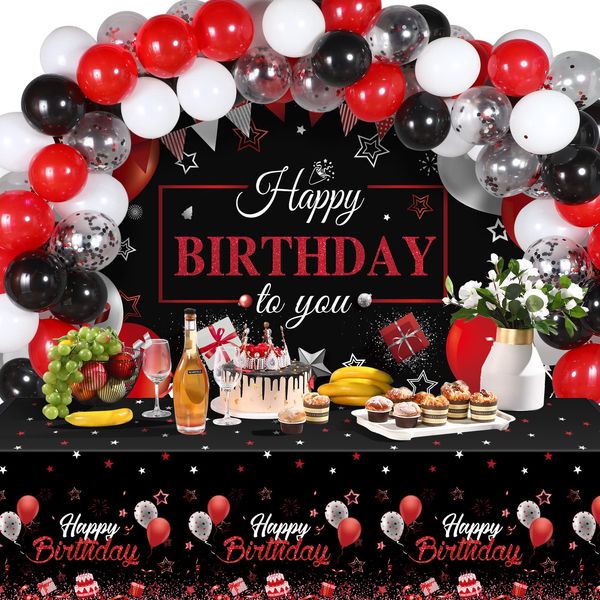 Birthday Party Decorations Confetti Balloons Kit Happy Birthday Photography Backdrop Banner Tablecloths for Boys Girls Men Women Birthday Party Supplies Decor (Red and Black)