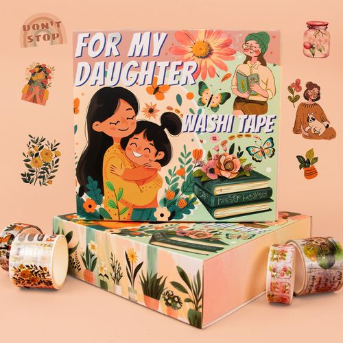 Gold Washi Tape Set, 24 Rolls Mother and Daughter Themed Washi Tapes for Junk Journal Supply, Flowers, Butterflies, Encouraging Words, Rainbow Colourful Tape for Scrapbooking, DIY Crafts, Planners