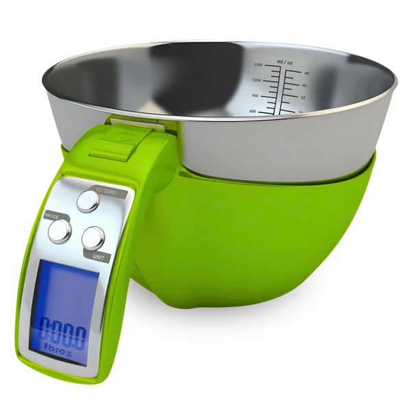 Fradel Digital Kitchen Food Scale with Bowl (Removable) and Measuring Cup - Stainless Steel, Backlight, 11lbs Capacity - Cooking, Baking, Gym, Diet - Precise Measuring (Green)