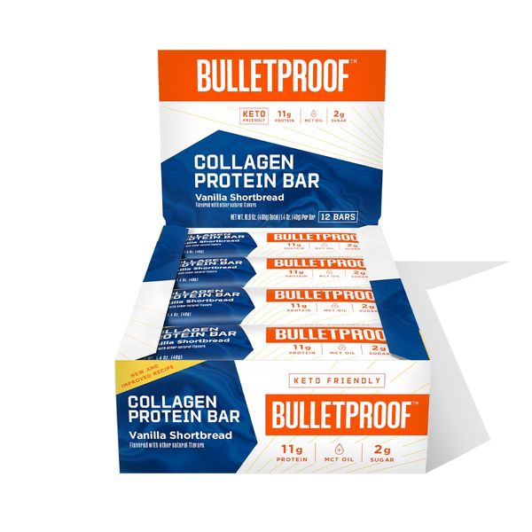 Collagen Protein Bars, Vanilla Shortbread, 11g Protein, 12 Pack, Bulletproof Grass Fed Healthy Snacks, Made with MCT Oil, 2g Sugar, No Added Sugar