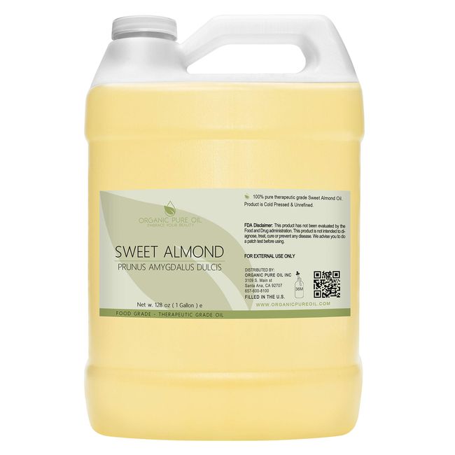 Sweet Almond Oil - 128oz Bulk 1 Gallon - 100% Pure Organic, Cold Pressed, Unrefined, Non-GMO Carrier Oil for Face, Body, Hair, DIY, Soaps, Creams, Wholesale
