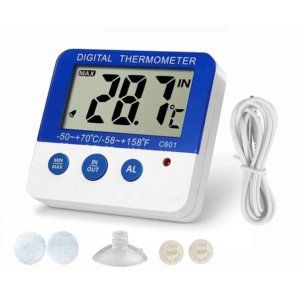 BALDR Freezer Thermometer, Refrigerator, Digital Thermometer, Small, Maximum and Lowest Indoor & Outdoor Temperature Recording, Maximum and Lowest Outdoor Temperature Alarm Function, Room Temperature Meter, Aquarium Thermometer, Table Stand, Magnetic Incl