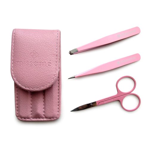 Precision Stainless Steel Eyebrow Tweezers Set In Pointed And Slanted Tip, Curved Brow Scissors, Comes With Pink Travel Case
