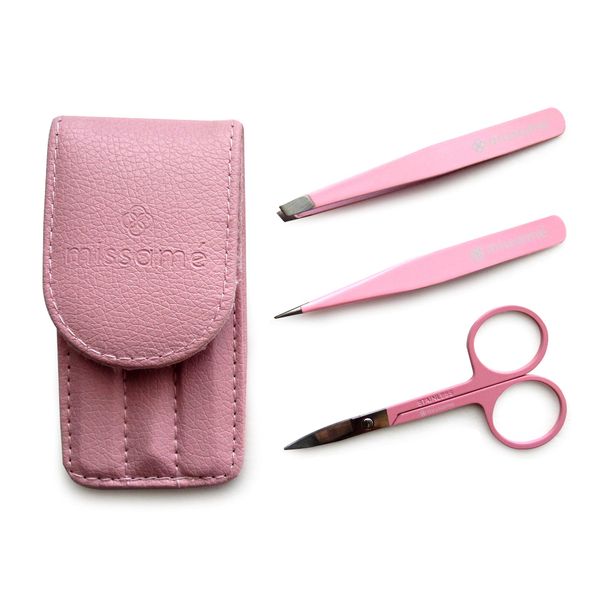Precision Stainless Steel Eyebrow Tweezers Set In Pointed And Slanted Tip, Curved Brow Scissors, Comes With Pink Travel Case