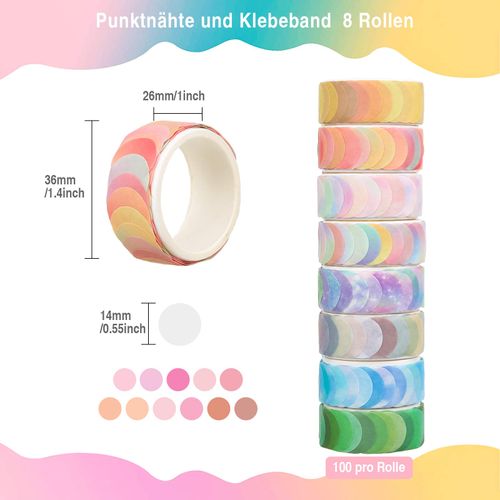 DONQL Washi Tape Set 8 Rolls Dot Washi Tape Sticker 800 Dots 14 mm Washi Sticker Set Dots Stickers Eight Colours for DIY Scrapbooking Gift Decoration Packaging Notebook
