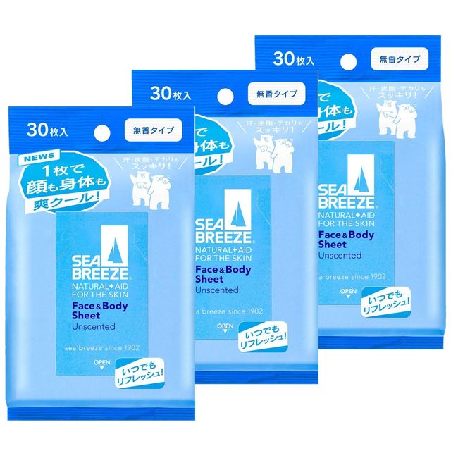 SEABREEZE Sea Breeze Face & Body Sheet, Unscented, 30 Sheets x 3, 30 Sheets x 3, 30 Sheets x 3 Packs