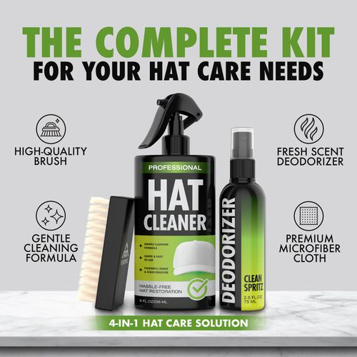 4-in-1 Professional Hat Cleaning Kit - Removes Dirt and Stains, Gentle Hat Cleaner for Baseball Caps, Fitted Cowboy, & Felt Hats, Complete Hat Cleaner with Hat Deodorizer, Brush & Microfiber Cloth