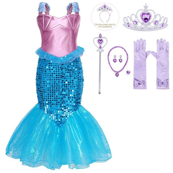 HenzWorld Princess Fancy Dress Mermaid Costume Little Girls Birthday Party Role Play Cosplay Sequin Fish Tail Skirt Ruffle Sleeveless Outfits Jewelry Accessories Wand Tiara Gloves Kids Age 6-7 Years