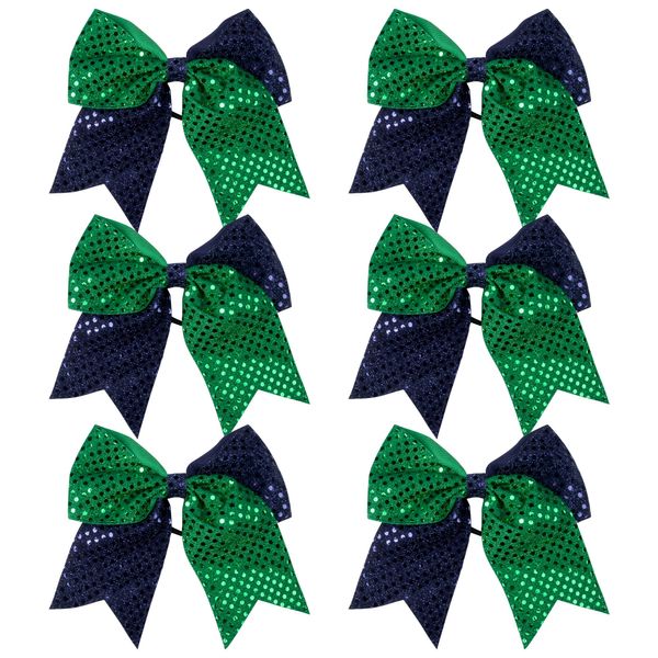 8 Inch 2 Color Cheer Bows Cheerleader Ponytail Holder with Bling Fling Sequin Hair Tie Cheerleading Bows 6 Pcs (Navy Blue/Green)