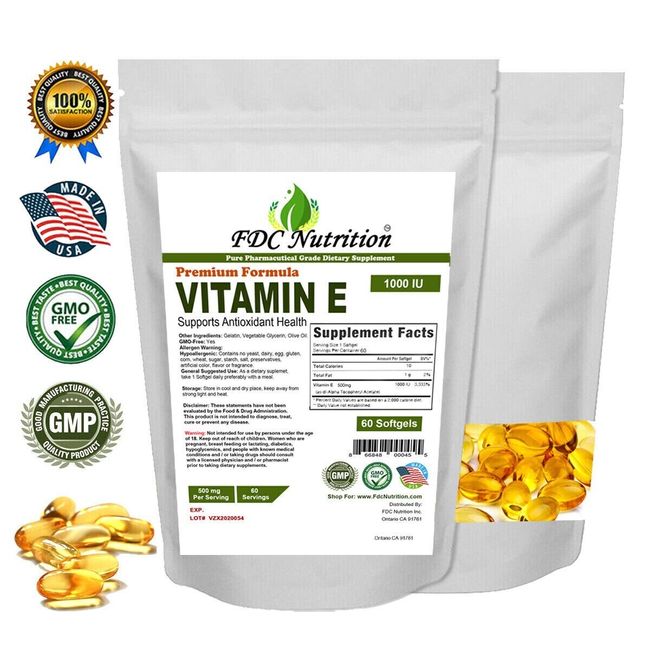 FDC Nutrition Vitamin E-1000 IU - 60 Softgels- 500mg