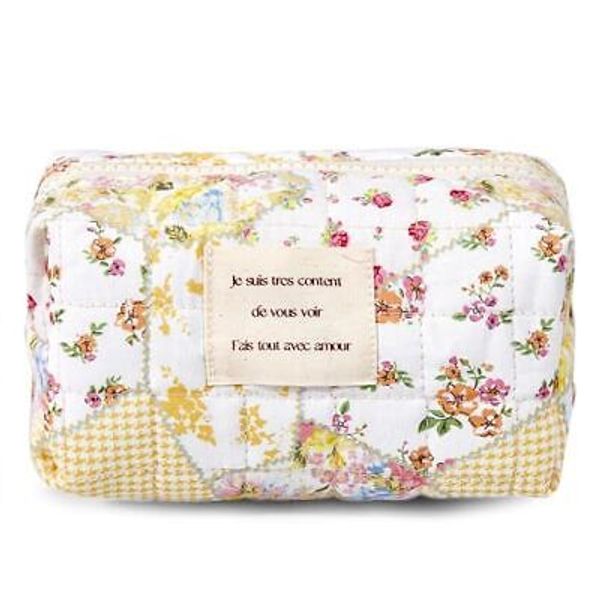 Floral Makeup Bag Small Cotton Quilted Cosmetic Makeup Bag Beige Floral-S