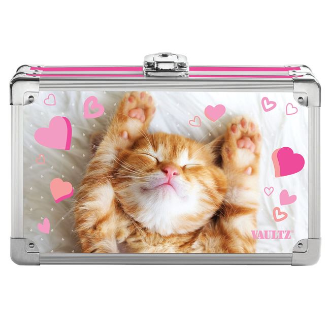 Vaultz Small Lock Box - 8.5 x 5 x 2.5 Inch Mini Safe with Key Lock to Store School Supplies, Money and Medicine - Love Kitten