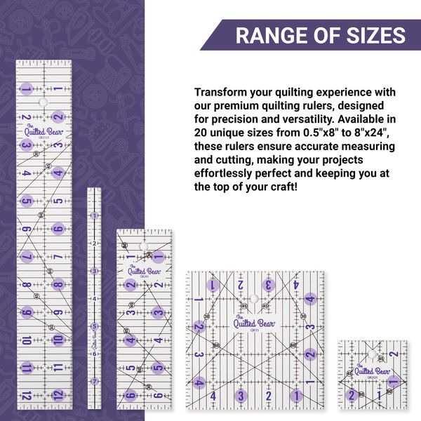 The Quilted Bear Quilting Rulers - Transparent Acrylic Non Slip Quilting & Patchwork Ruler with Clear Black Lines & 30, 45 & 60 Degree Angles (9.5" x 9.5")